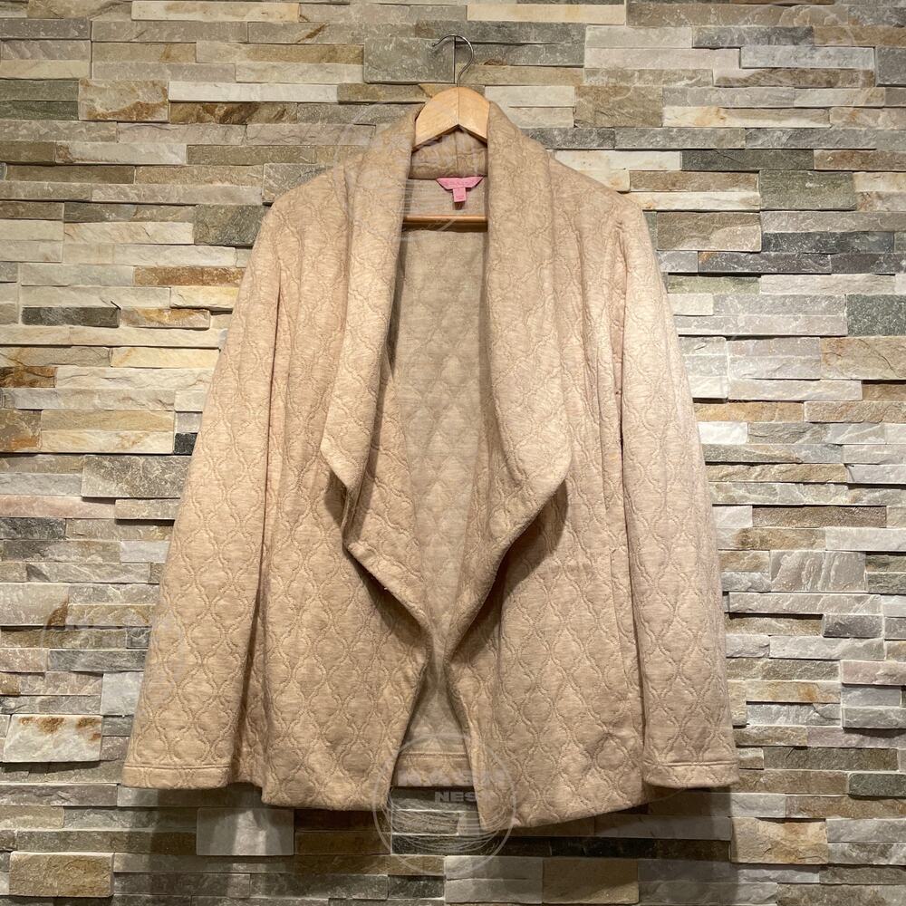 Lilly Pulitzer Brea Wrap Cardigan L | Gold Lurex Jacquard Shawl Collar, Open
